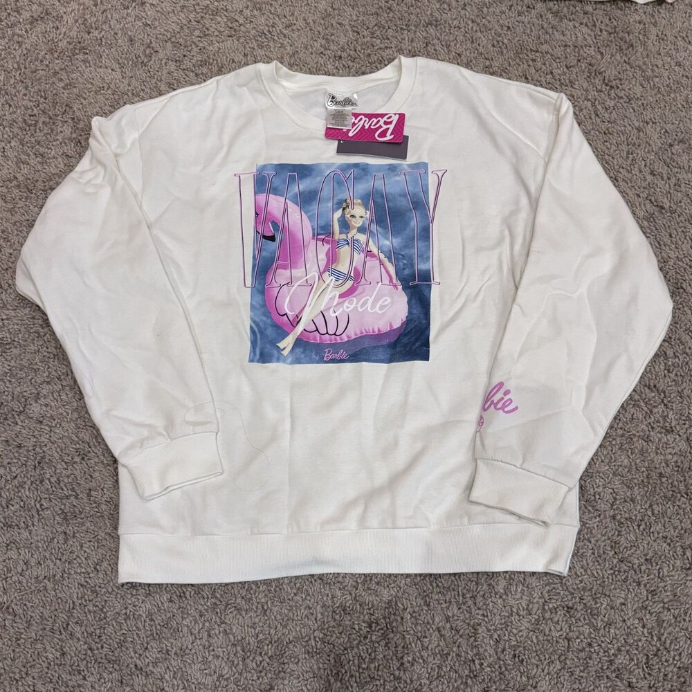 Barbie women size large sweatshirt NWT vacay pool flamingo